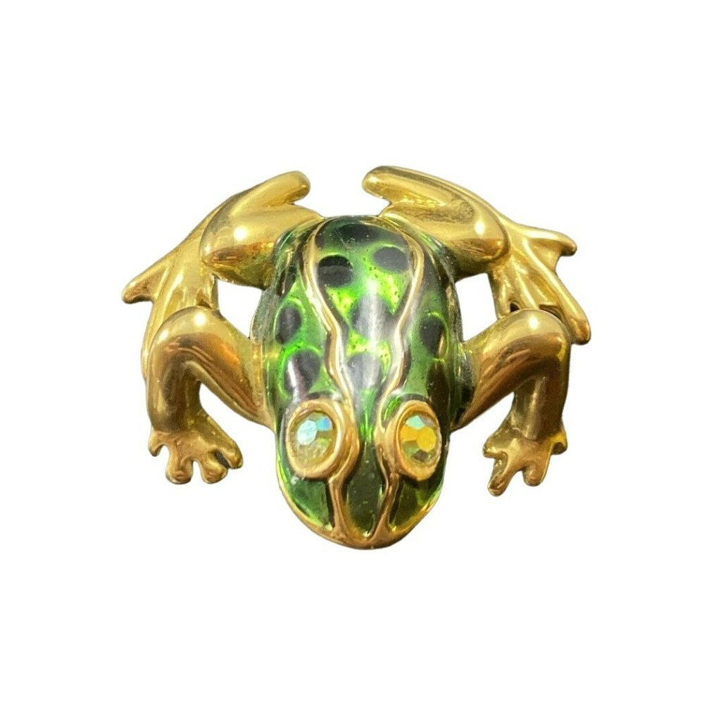 Vintage Frog Brooch Ab Eyes Enamel Gold Tone Pin